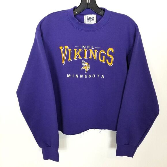VTG Lee Sport Women  Minnesota Vikings NHL Sweatshirt Pullover Sz L Raw Hem Crop - Picture 1 of 4